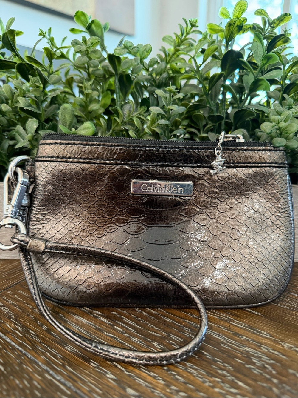 Calvin Klein Metallic Bronze Snake-Embossed Wristlet Tiny Witch Zipper Pull